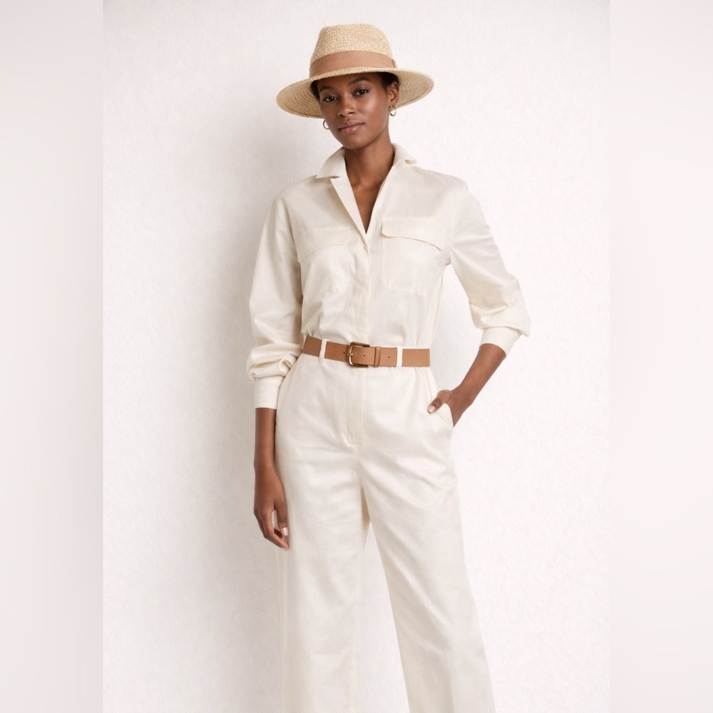 Theory Womens Ivory Collared Long Sleeve Full Length Jumpsuit Pockets, Sz 0 NWOT